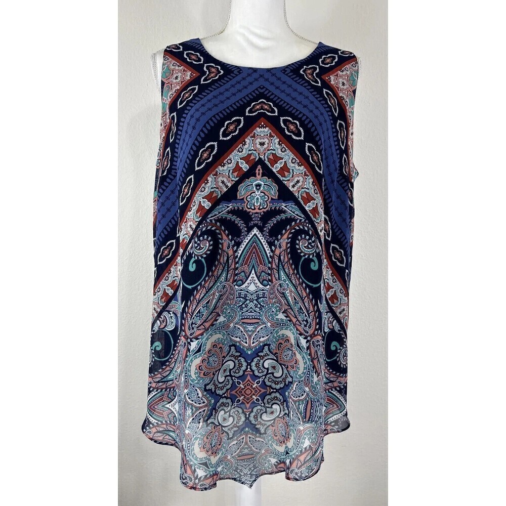 JM Collection Large 14/16 Boho Paisley Tunic Top Sleeveless Blue Flowy